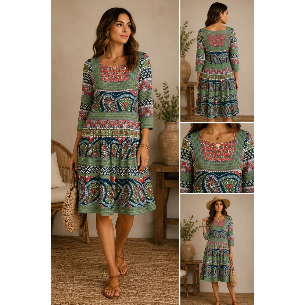 Gretchen Scott Mixed-Print Dress Square Neck 3/4 Sleeve Tiered Skirt – XS
